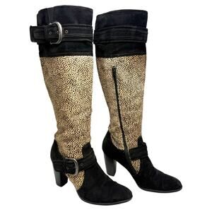 Born Crown Valencia Boots Size 8.5 Knee High Cheetah Print Pony Hair Black Suede